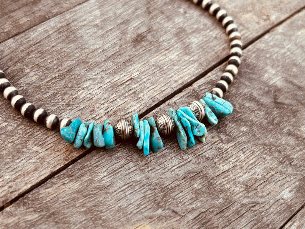 14 inch 5mm navajo pearls with 6mm aztec ingraved pearls