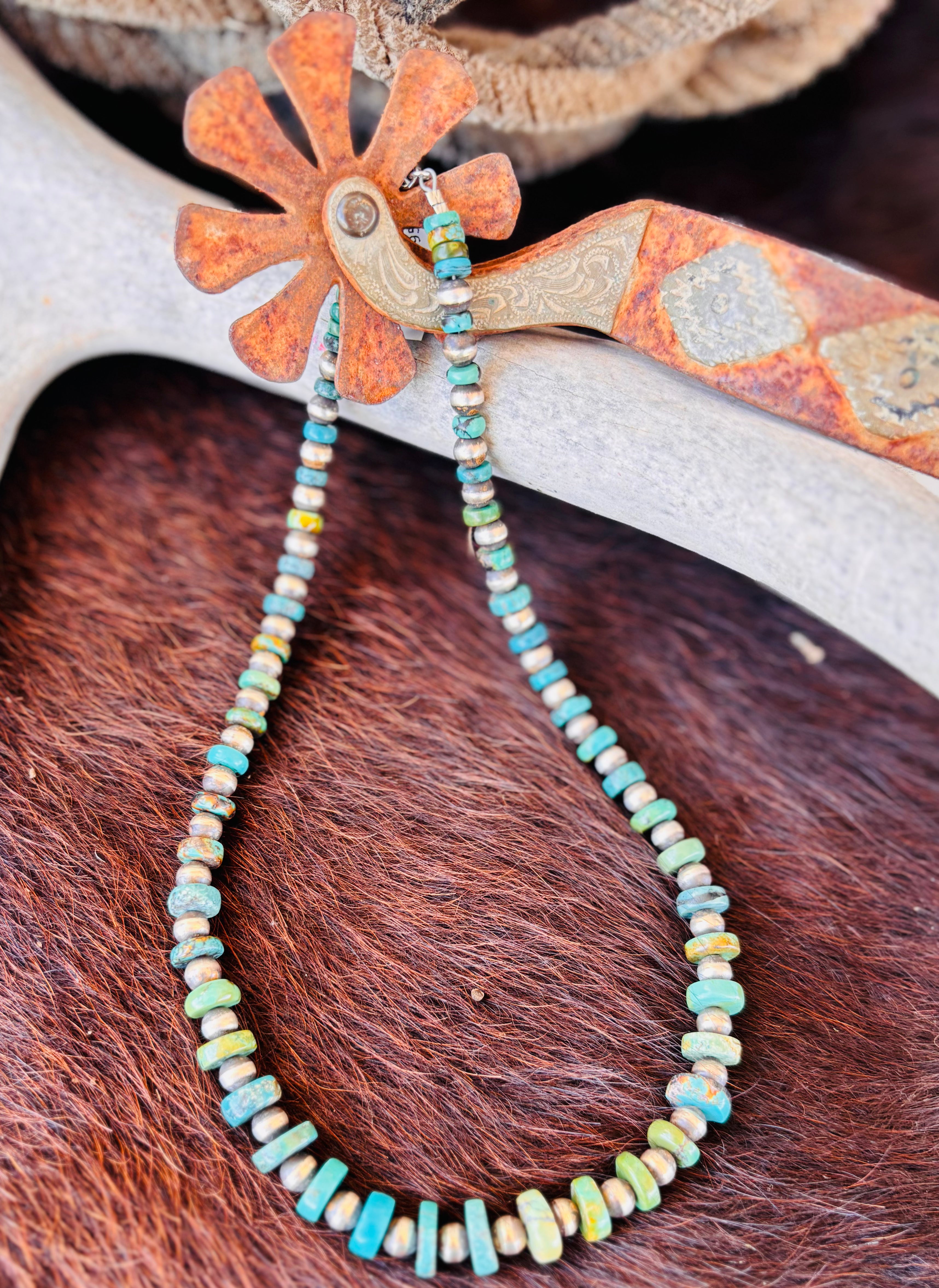 The Princess- 18 inch Gradual Turquoise with 6mm Sterling Silver Southwestern Pearls