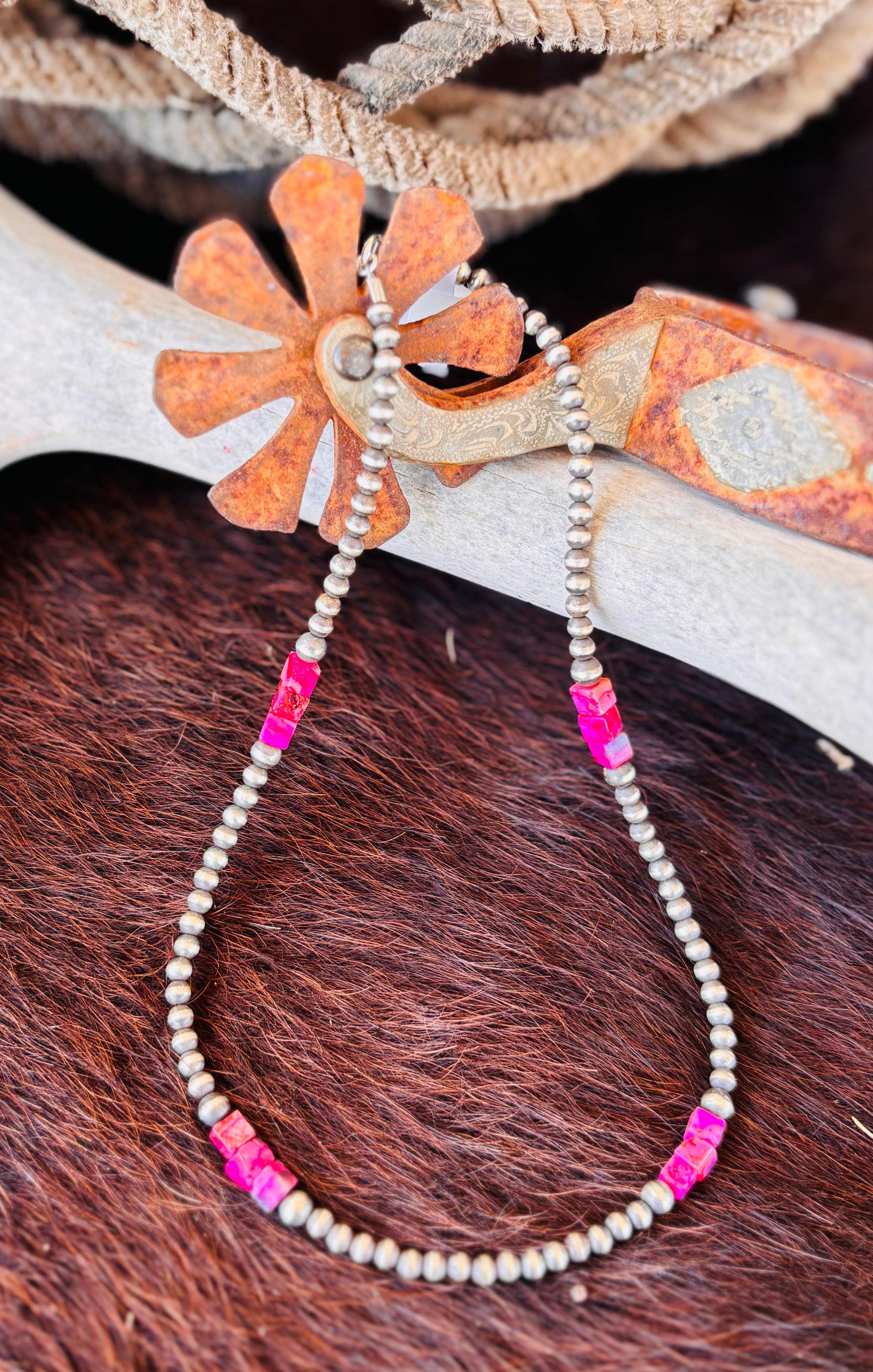 16 Inch 4mm Sterling Silver Southwestern Pearl with Pink Cubes